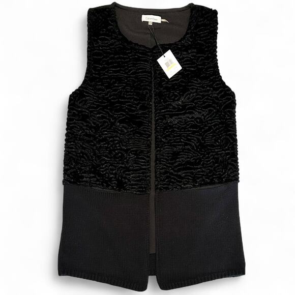 Calvin Klein Ox Crinkle Faux Fur Sweater Vest Size M Black Pockets Open NWT Boho - Picture 2 of 8